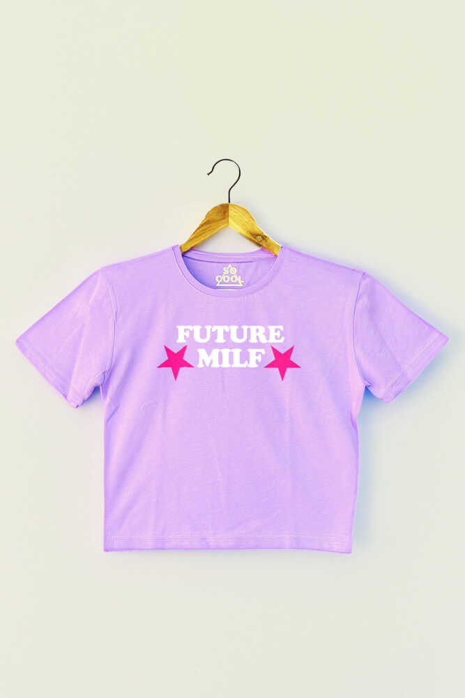 Future Milf Yazı Baskılı Lila Renk Crop T-shirt Y2K Kadın Tişört - 1
