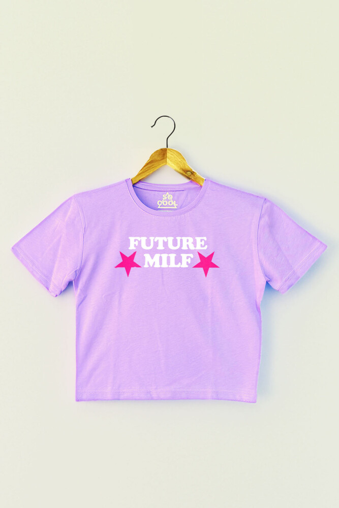 Future Milf Yazı Baskılı Lila Renk Crop T-shirt Y2K Kadın Tişört - 1