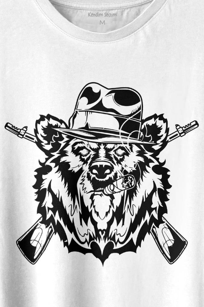 Gangster Style Bear Smoke Gung Tüfekli Ayı Baskılı Tişört Unisex T-shirt (1)