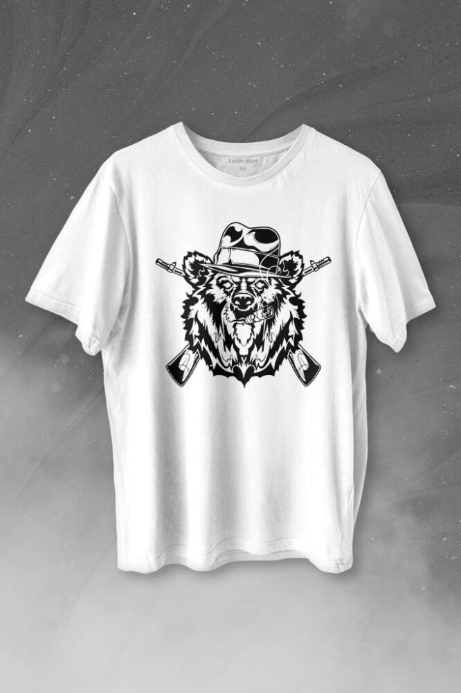 Gangster Style Bear Smoke Gung Tüfekli Ayı Baskılı Tişört Unisex T-shirt - KENDİM SEÇTİM