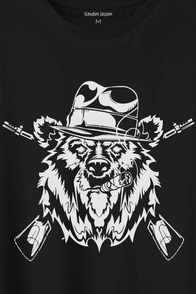 Gangster Style Bear Smoke Gung Tüfekli Ayı Baskılı Tişört Unisex T-Shirt (1)