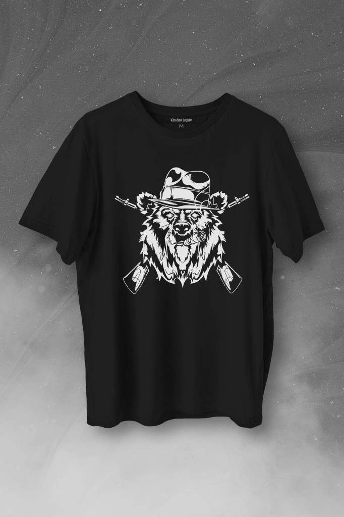 Gangster Style Bear Smoke Gung Tüfekli Ayı Baskılı Tişört Unisex T-Shirt - 1