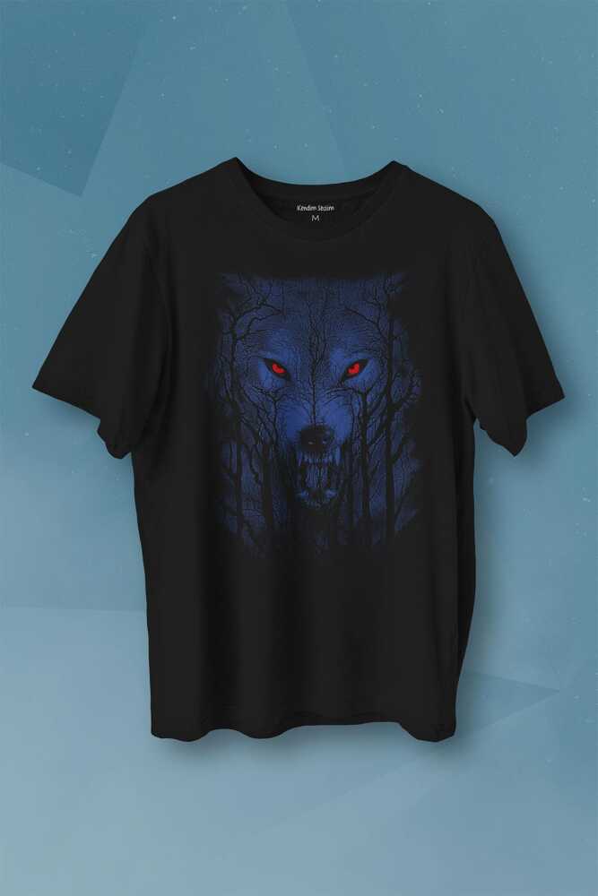 Gece Vahşi Ormada Bozkurt Bordo Maviz Gözlü Kurt Wolf Baskılı Tişört Unisex T-shirt - 1