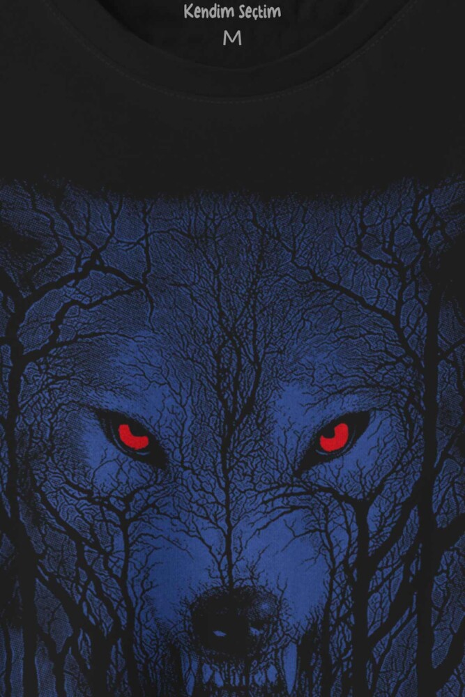 Gece Vahşi Ormada Bozkurt Bordo Maviz Gözlü Kurt Wolf Baskılı Tişört Unisex T-shirt (1)