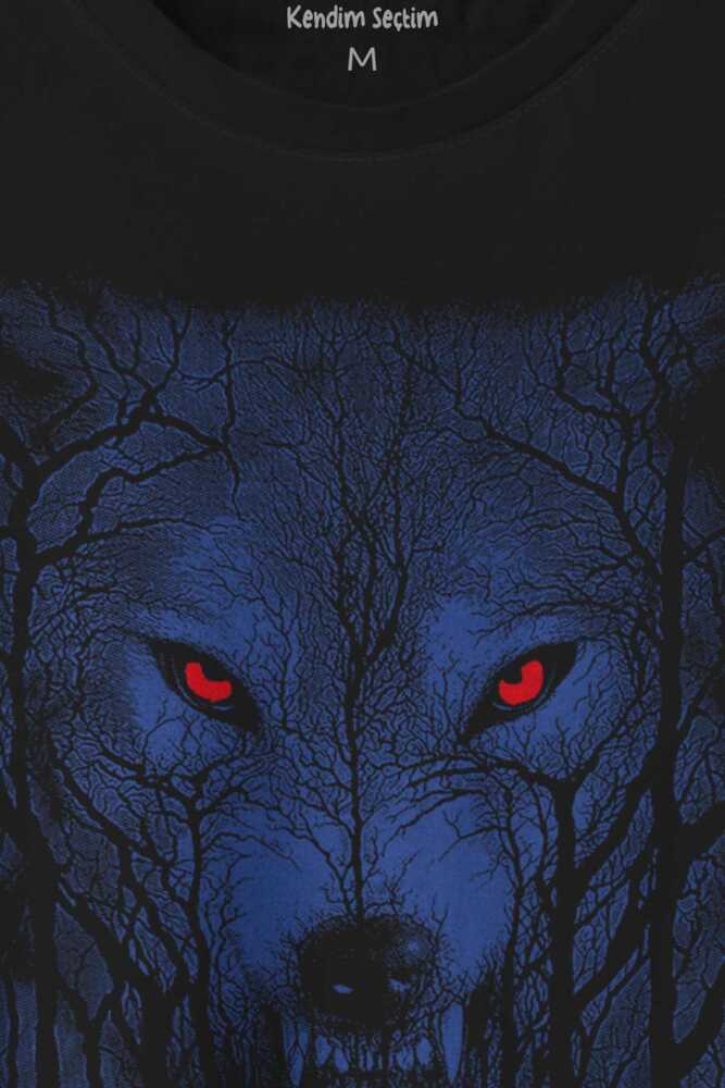 Gece Vahşi Ormada Bozkurt Bordo Maviz Gözlü Kurt Wolf Baskılı Tişört Unisex T-shirt - 2