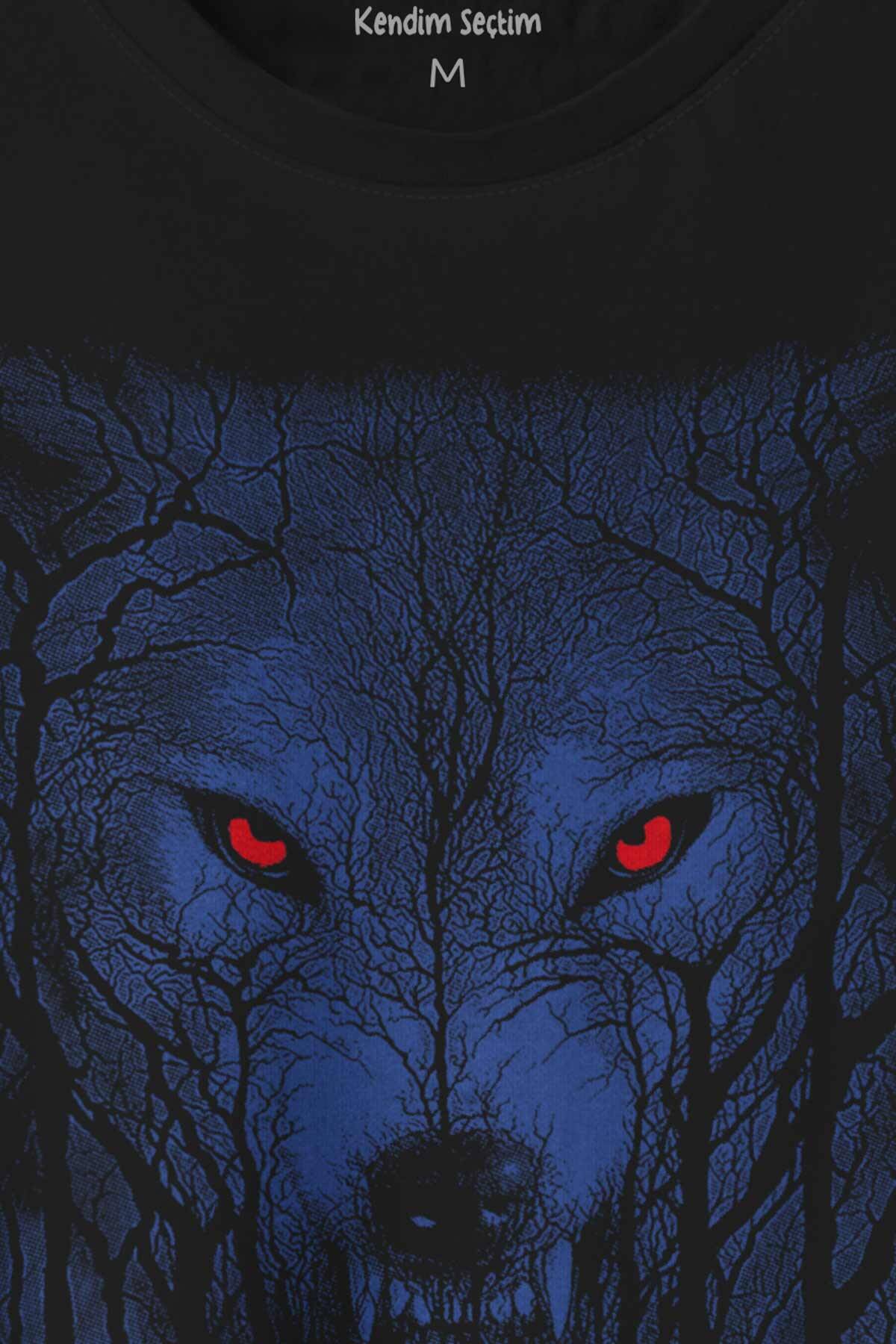 Gece Vahşi Ormada Bozkurt Bordo Maviz Gözlü Kurt Wolf Baskılı Tişört Unisex T-shirt (1)