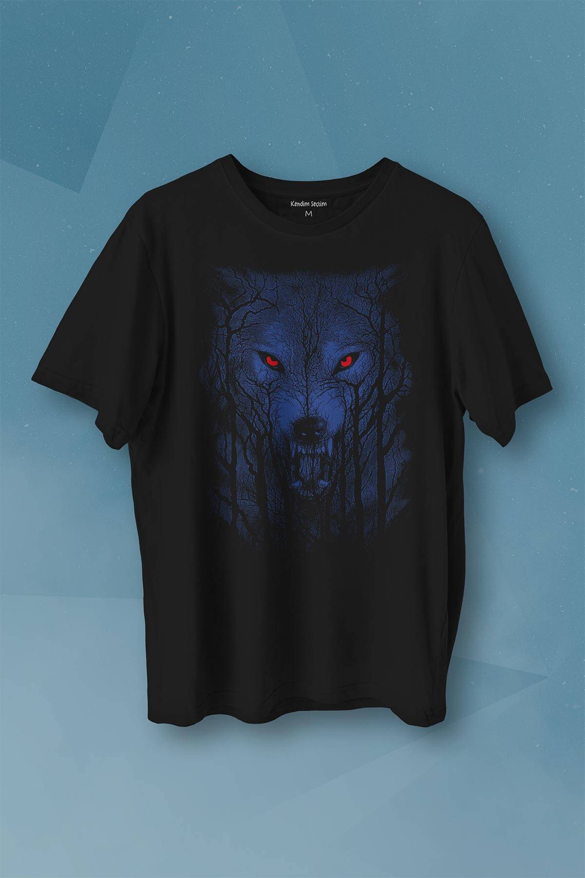 Gece Vahşi Ormada Bozkurt Bordo Maviz Gözlü Kurt Wolf Baskılı Tişört Unisex T-shirt - 1