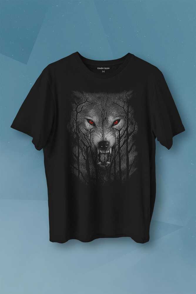 Gece Vahşi Ormada Bozkurt Bordo Maviz Gözlü Kurt Wolf Gri Baskılı Tişört Unisex T-shirt - 1
