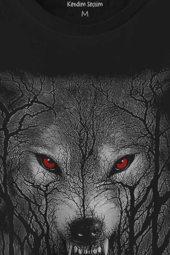 Gece Vahşi Ormada Bozkurt Bordo Maviz Gözlü Kurt Wolf Gri Baskılı Tişört Unisex T-shirt - 2