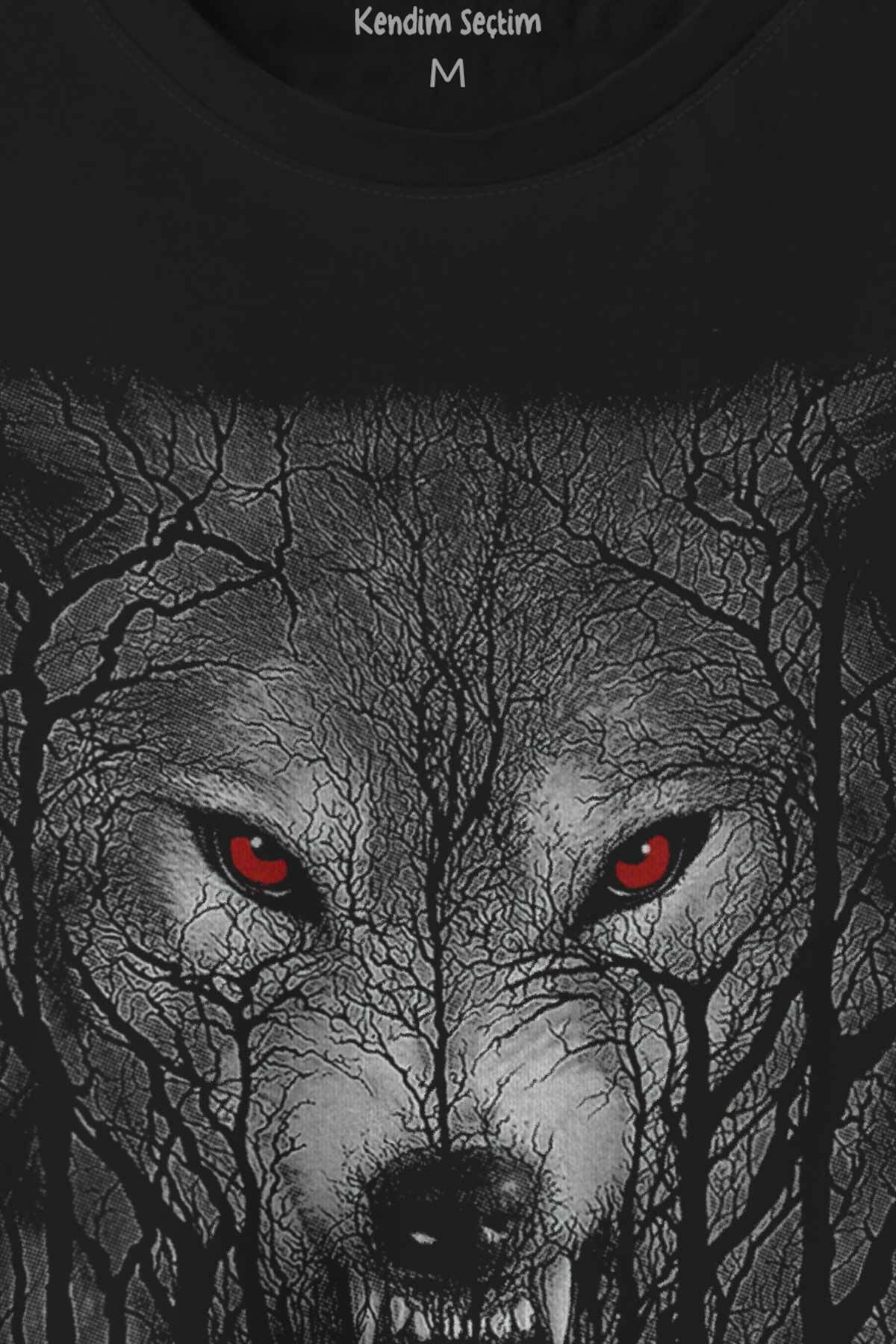 Gece Vahşi Ormada Bozkurt Bordo Maviz Gözlü Kurt Wolf Gri Baskılı Tişört Unisex T-shirt (1)