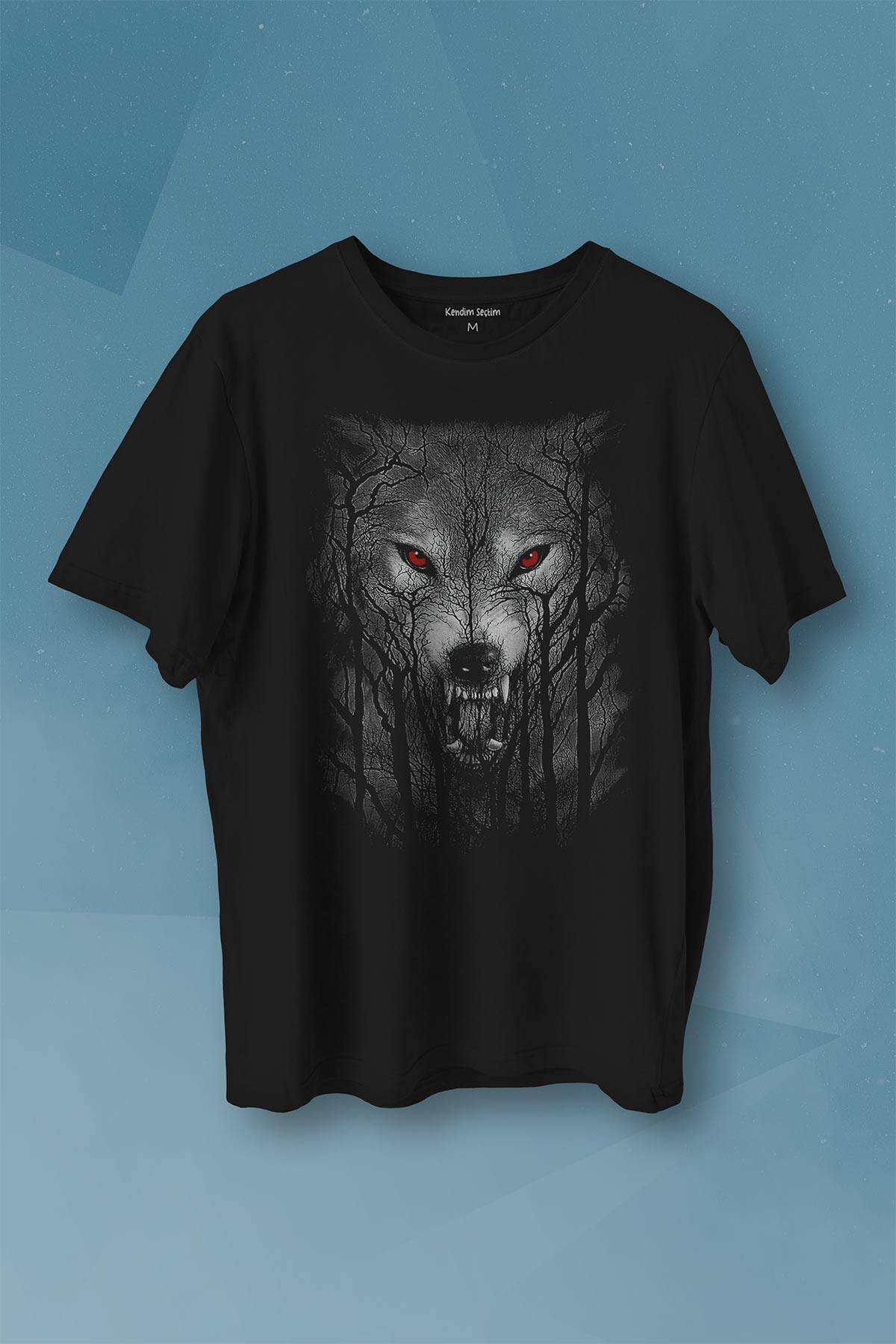 Gece Vahşi Ormada Bozkurt Bordo Maviz Gözlü Kurt Wolf Gri Baskılı Tişört Unisex T-shirt - 1