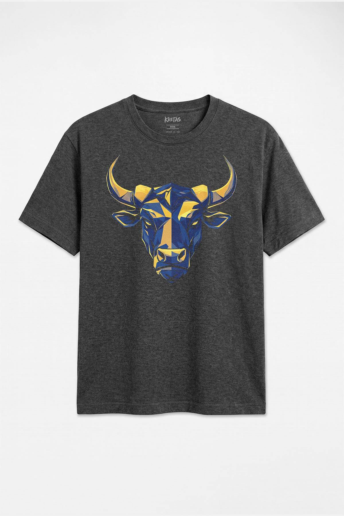 Geometrik Boğa Sarı Lacivert Bull Low Poly Hayvan Unisex Regular Fit Antrasit Melanj Tişört