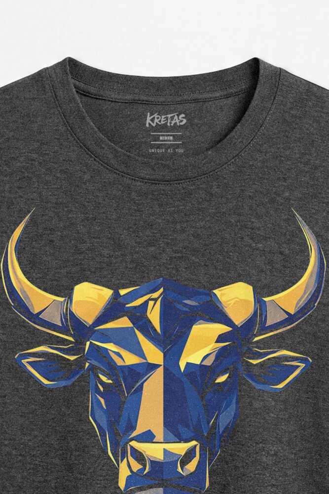Geometrik Boğa Sarı Lacivert Bull Low Poly Hayvan Unisex Regular Fit Antrasit Melanj Tişört - 2