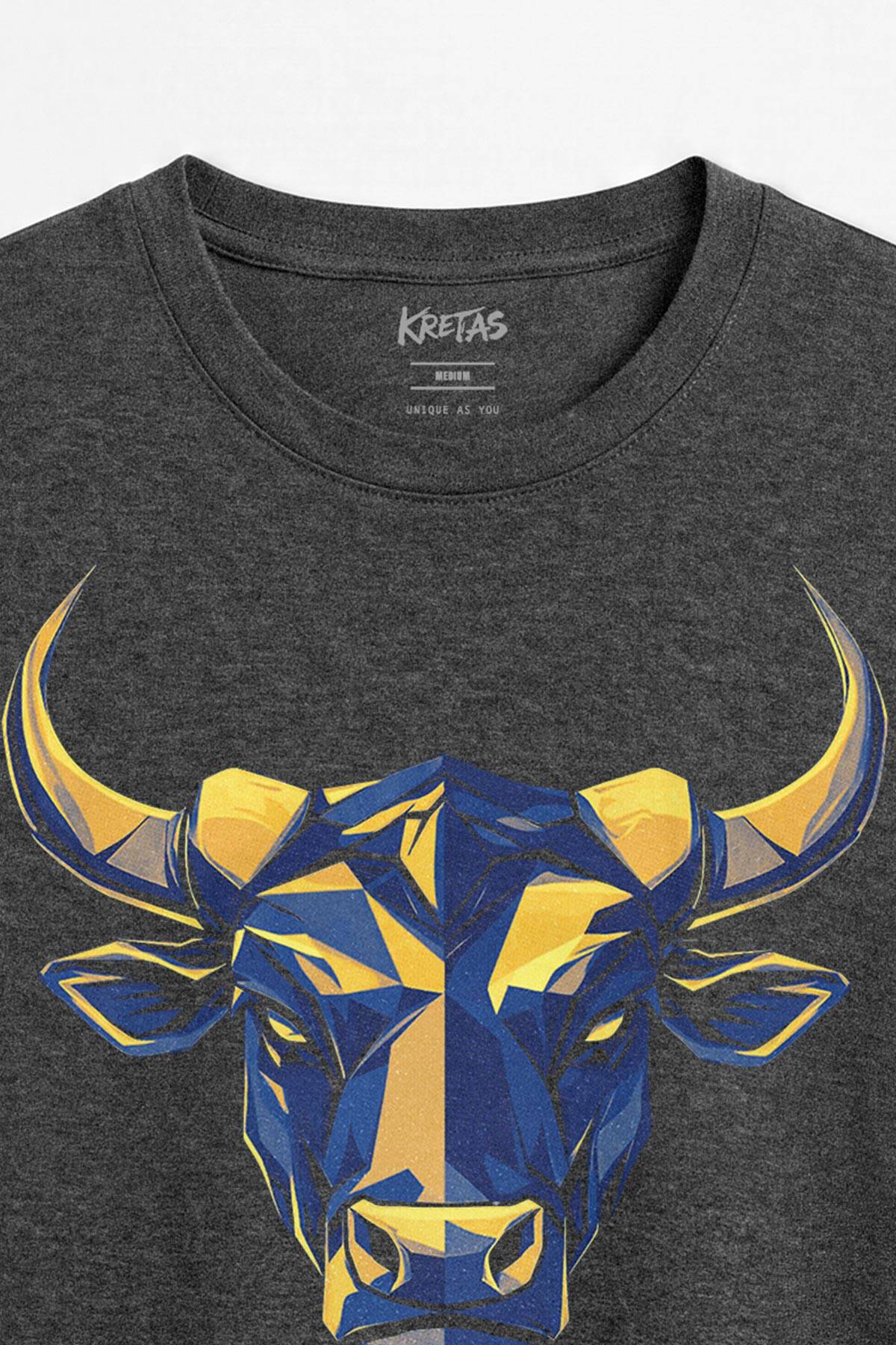 Geometrik Boğa Sarı Lacivert Bull Low Poly Hayvan Unisex Regular Fit Antrasit Melanj Tişört (1)