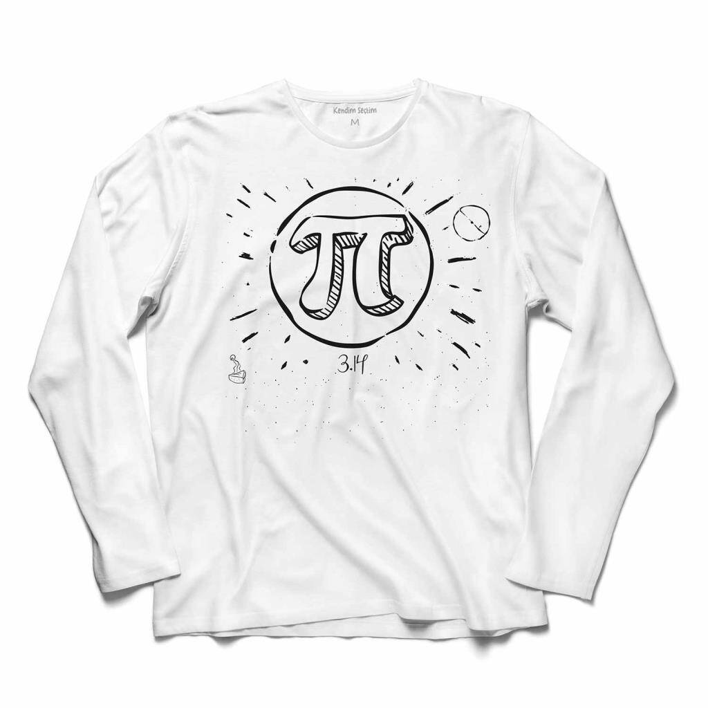 Geometrik Pi Sayısı Tasarımlı Beyaz Uzun Kollu Tişört
