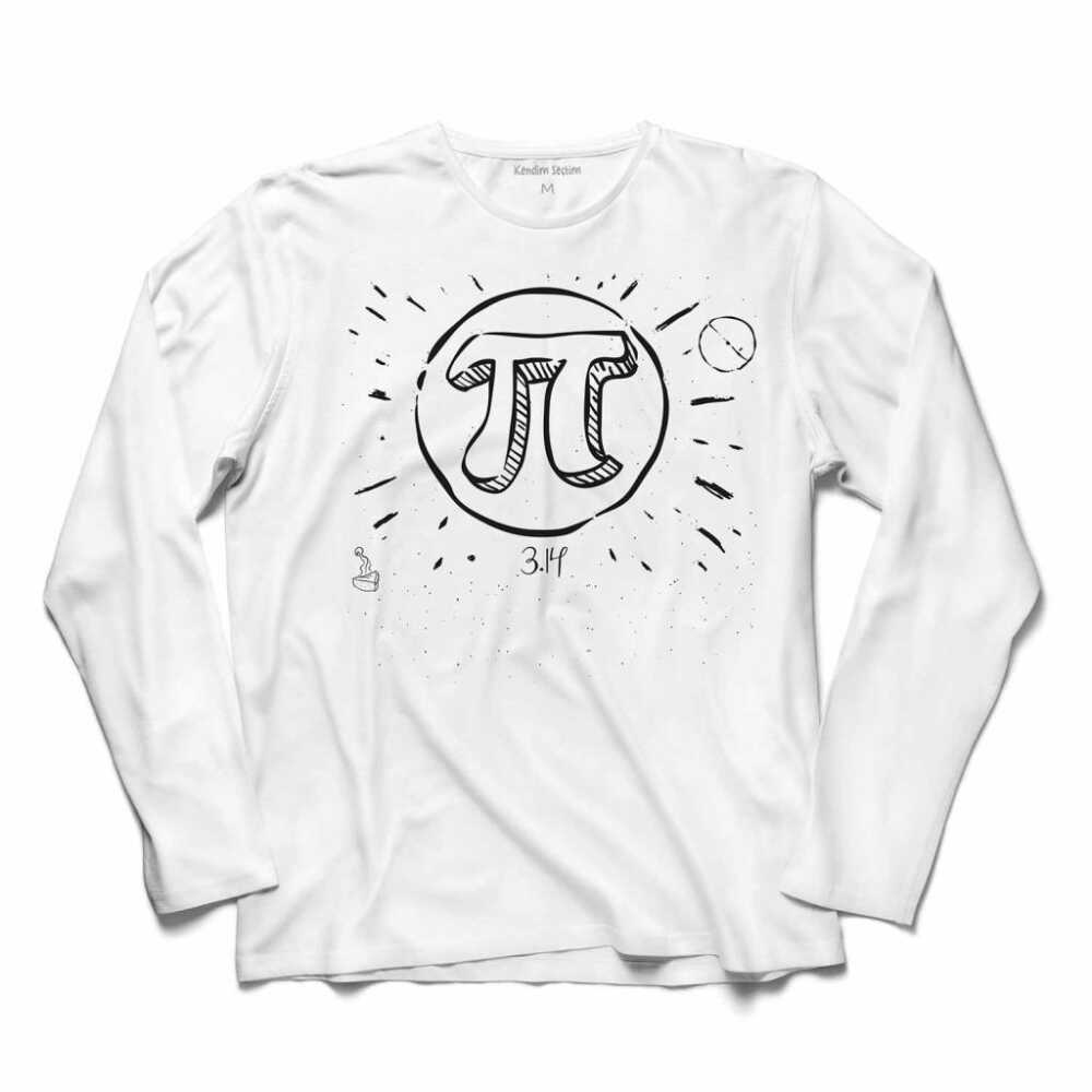 Geometrik Pi Sayısı Tasarımlı Beyaz Uzun Kollu Tişört