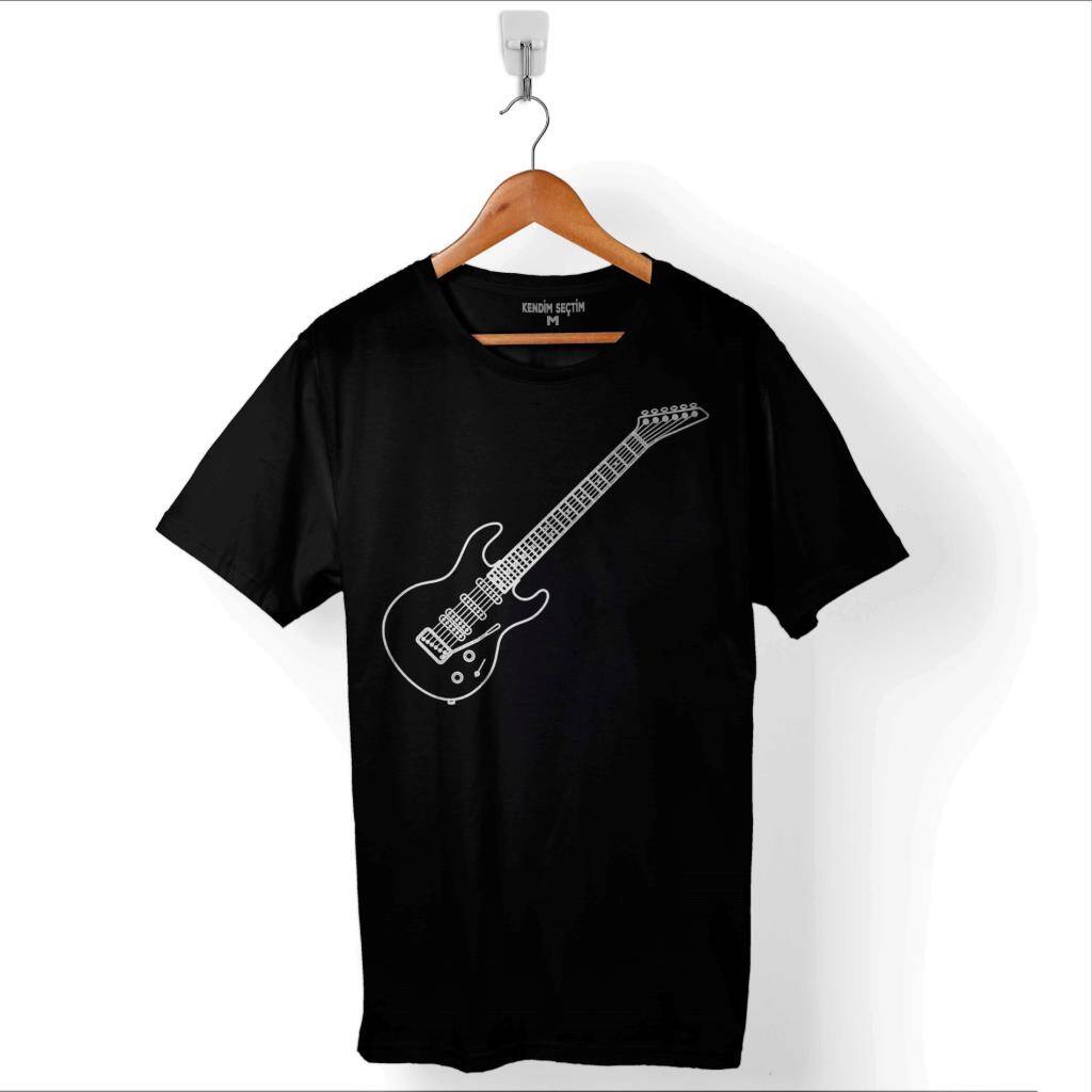 Gitar Çizim Design Guitar Saz Rock Caz Müzik Nota Baskılı Tişört Unisex T-Shirt - 1