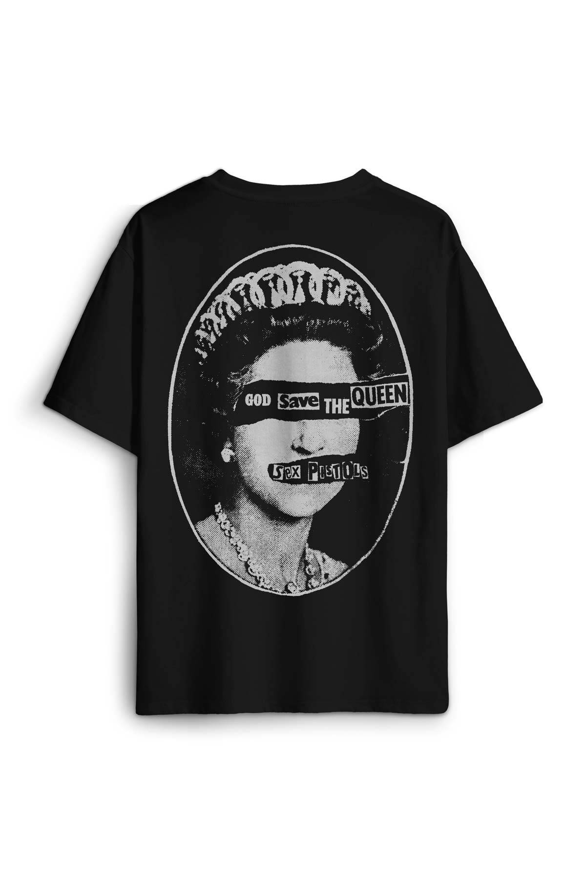 God Save The Queen Sex Pistols Elizabeth Sırt Ön Baskılı Oversize T-shirt Siyah Unisex Tişört (1)
