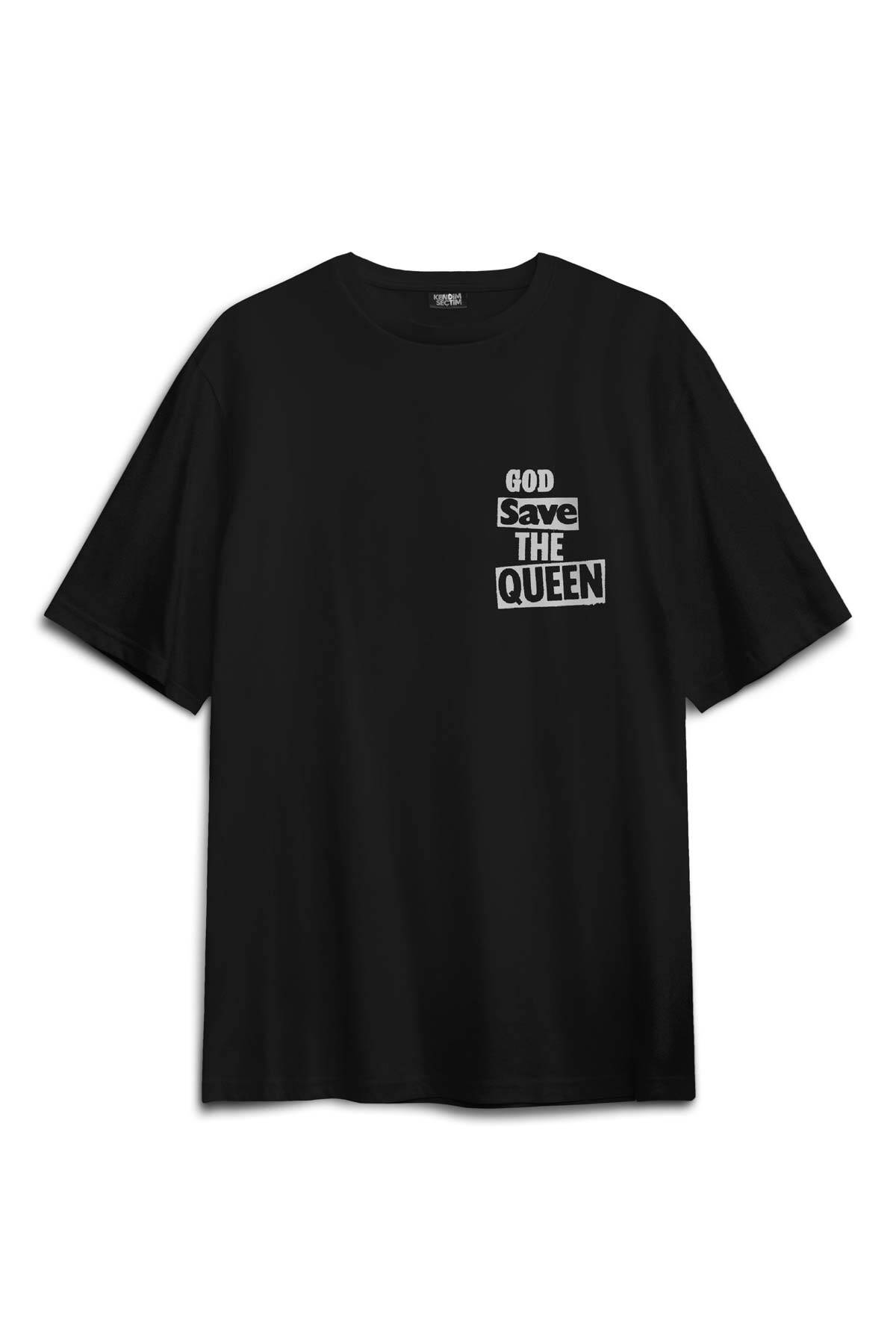God Save The Queen Sex Pistols Elizabeth Sırt Ön Baskılı Oversize T-shirt Siyah Unisex Tişört - 1