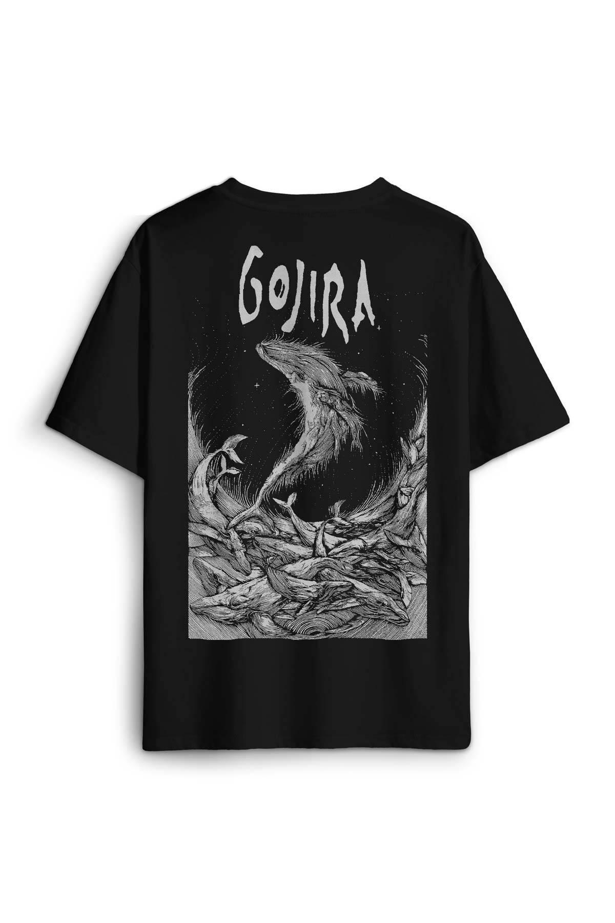 Gojira Balıklar Metal Music Rock Guitar Sırt Ön Baskılı Oversize Tişört Unisex T-Shirt - 1