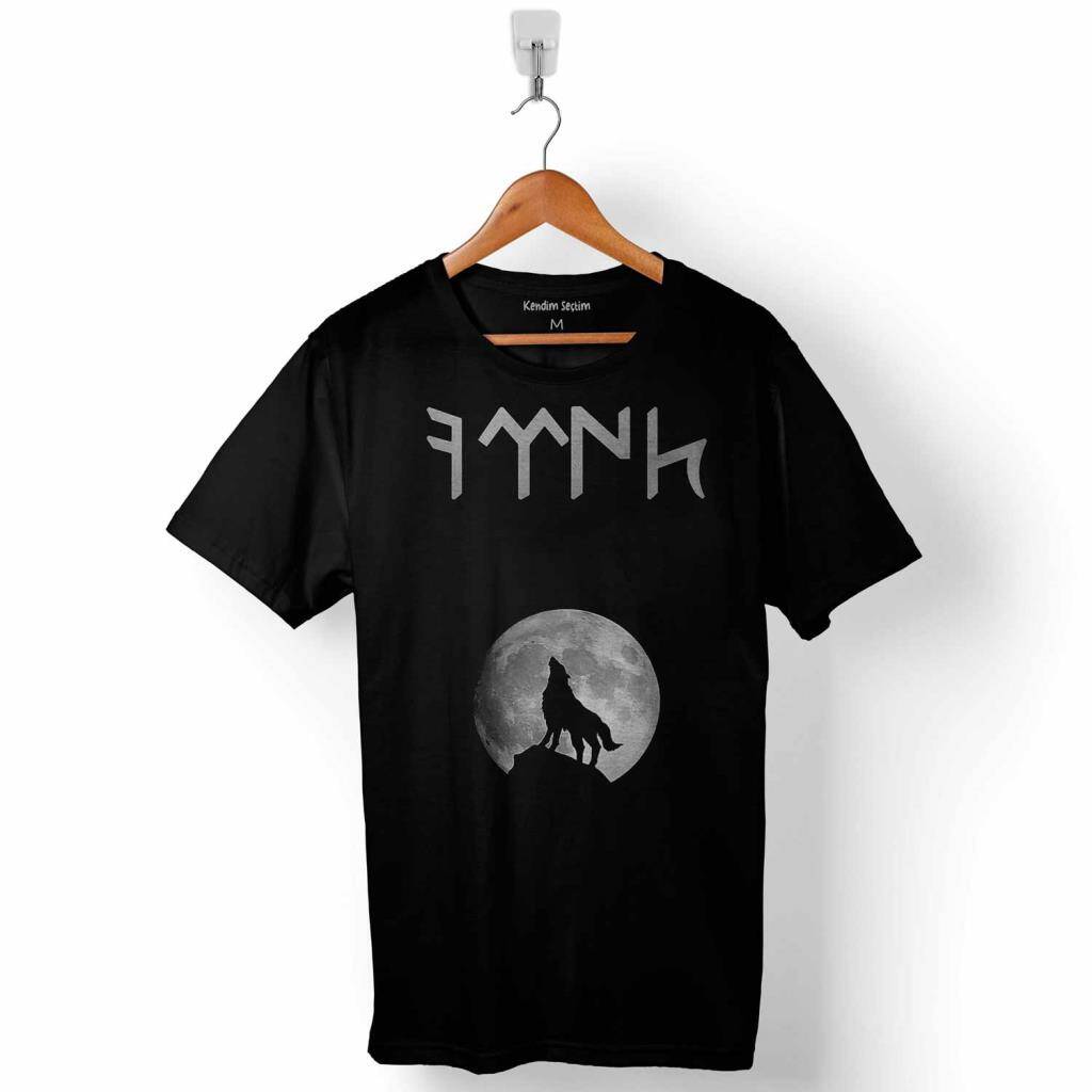 Göktürkçe Türk Uluyan Bozkurt Ay Kurt Baskılı Tişört Unisex T-Shirt - 1