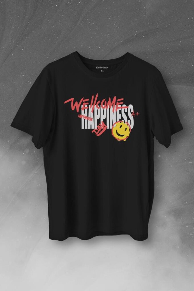Good Vibe Happines Mutlu Smile Eğlenceli Baskılı Tişört Unisex T-Shirt - 1