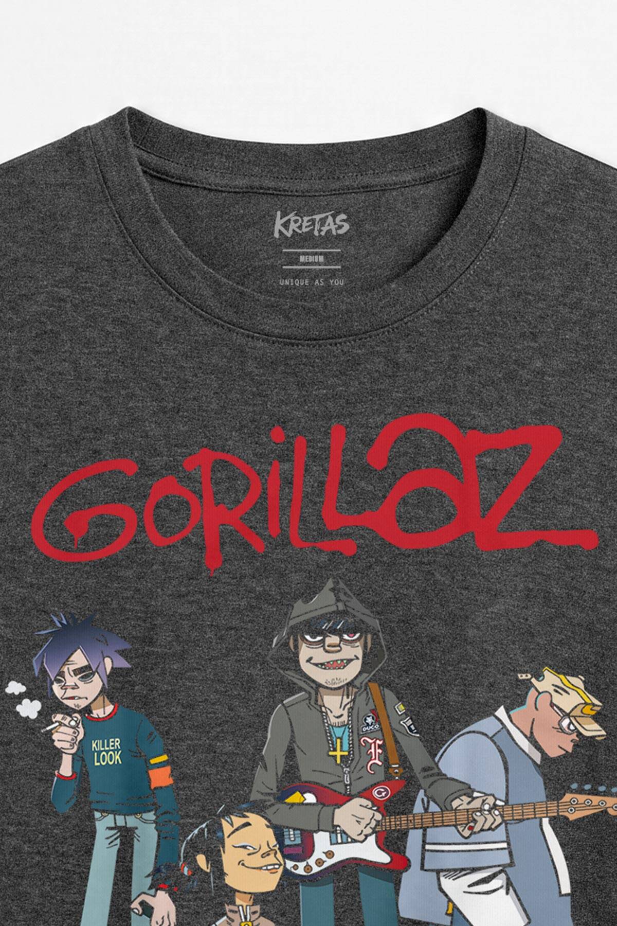 Gorillaz Damon Albarn 2D Feel Good Inc Blur Rock Regular Unisex Antrasit Melanj Tişört (1)
