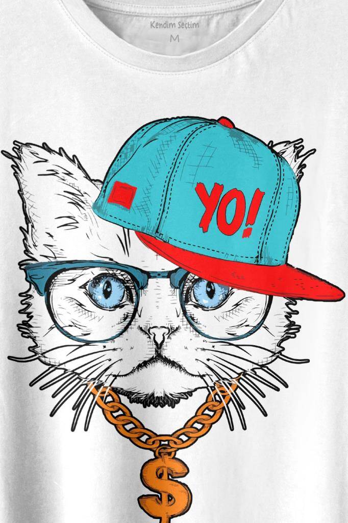 Gözlüklü Kedi Cat Glasses Yo Momy Dolar Baskılı Tişört Unisex T-shirt (1)