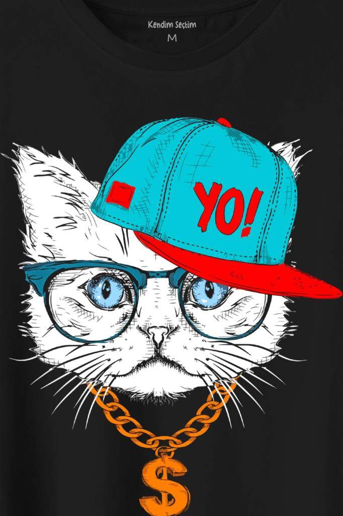 Gözlüklü Kedi Cat Glasses Yo Momy Dolar Baskılı Tişört Unisex T-Shirt (1)