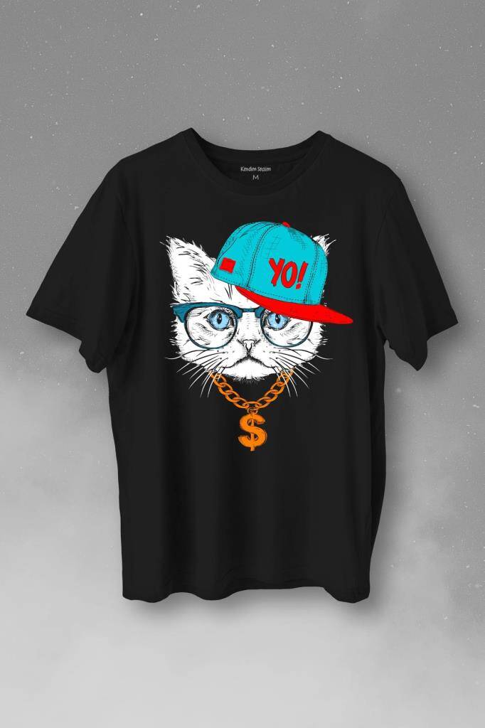 Gözlüklü Kedi Cat Glasses Yo Momy Dolar Baskılı Tişört Unisex T-Shirt - 1