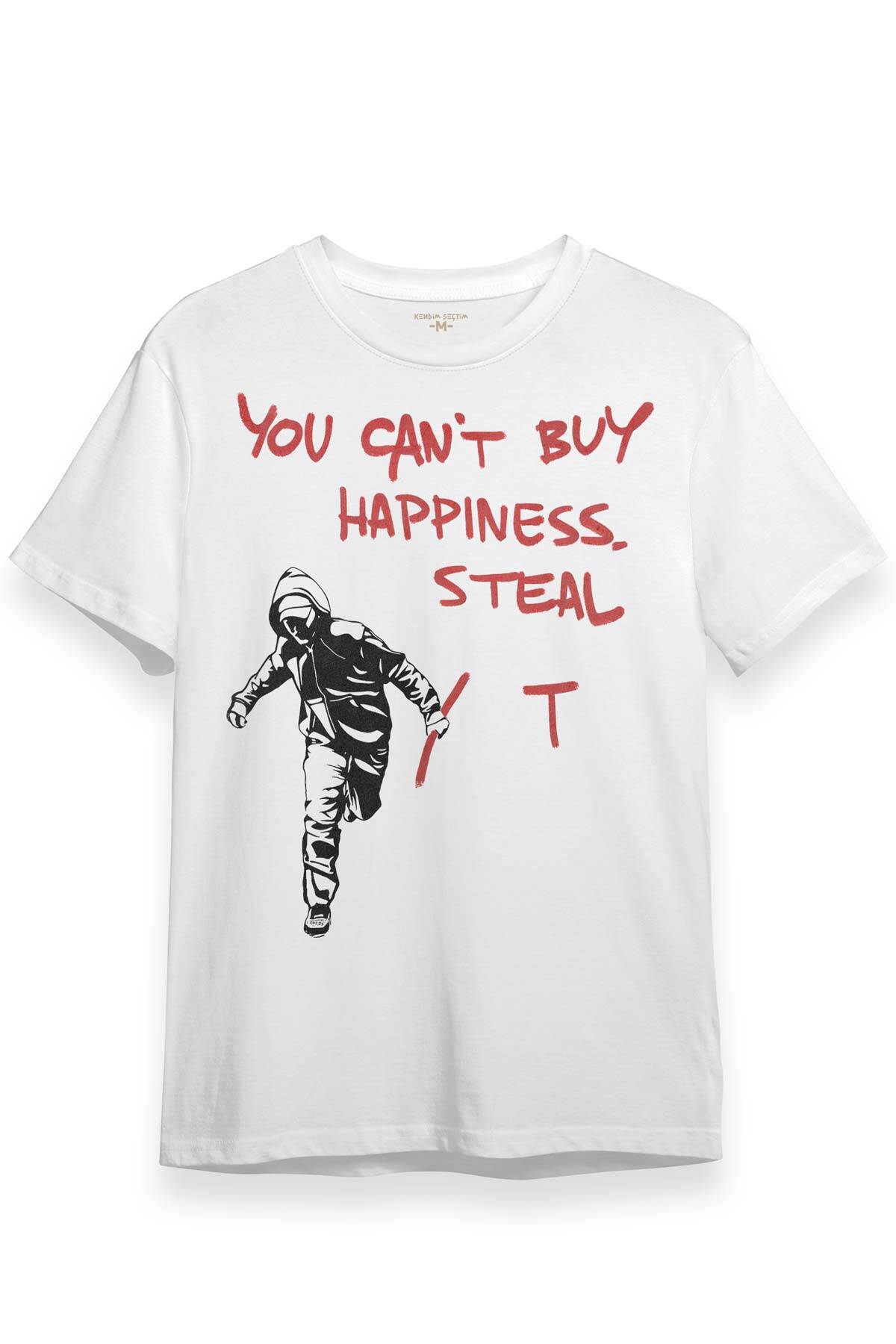 Grafitti Art Sanat You Can't Buy Happiness Steal It Beyaz T-shirt Unisex Regular Fit Tişört - 1
