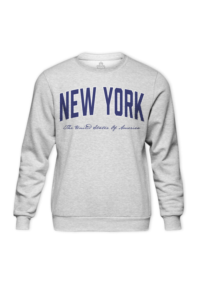 Gri Renk Bisiklet Yaka Sweatshirt New York Yazı Baskılı Sweet - So Cool