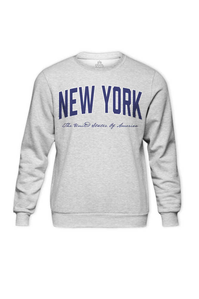Gri Renk Bisiklet Yaka Sweatshirt New York Yazı Baskılı Sweet - 1