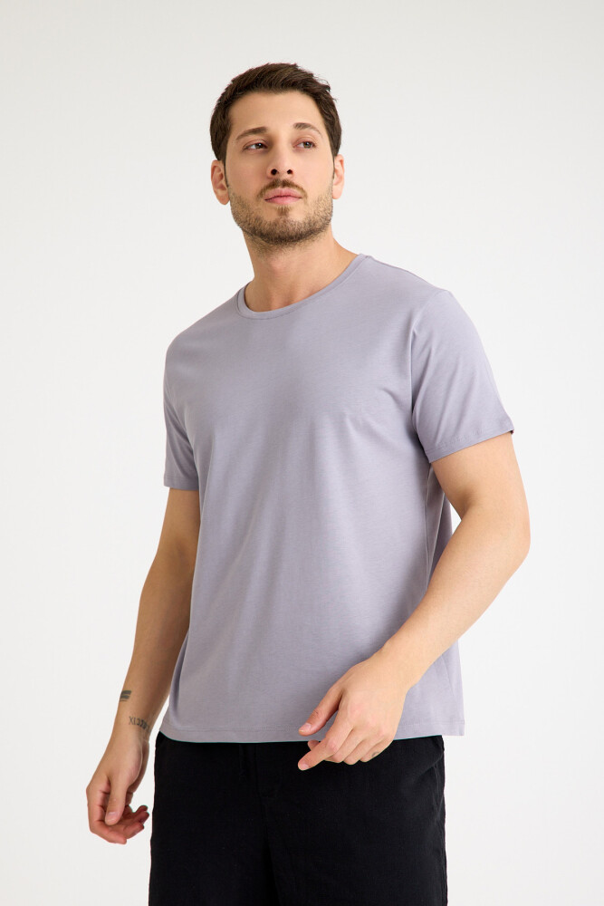 Gri Tişört Basic Erkek Regular Loose Fit Pamuklu T-shirt Kısa Kollu - 4