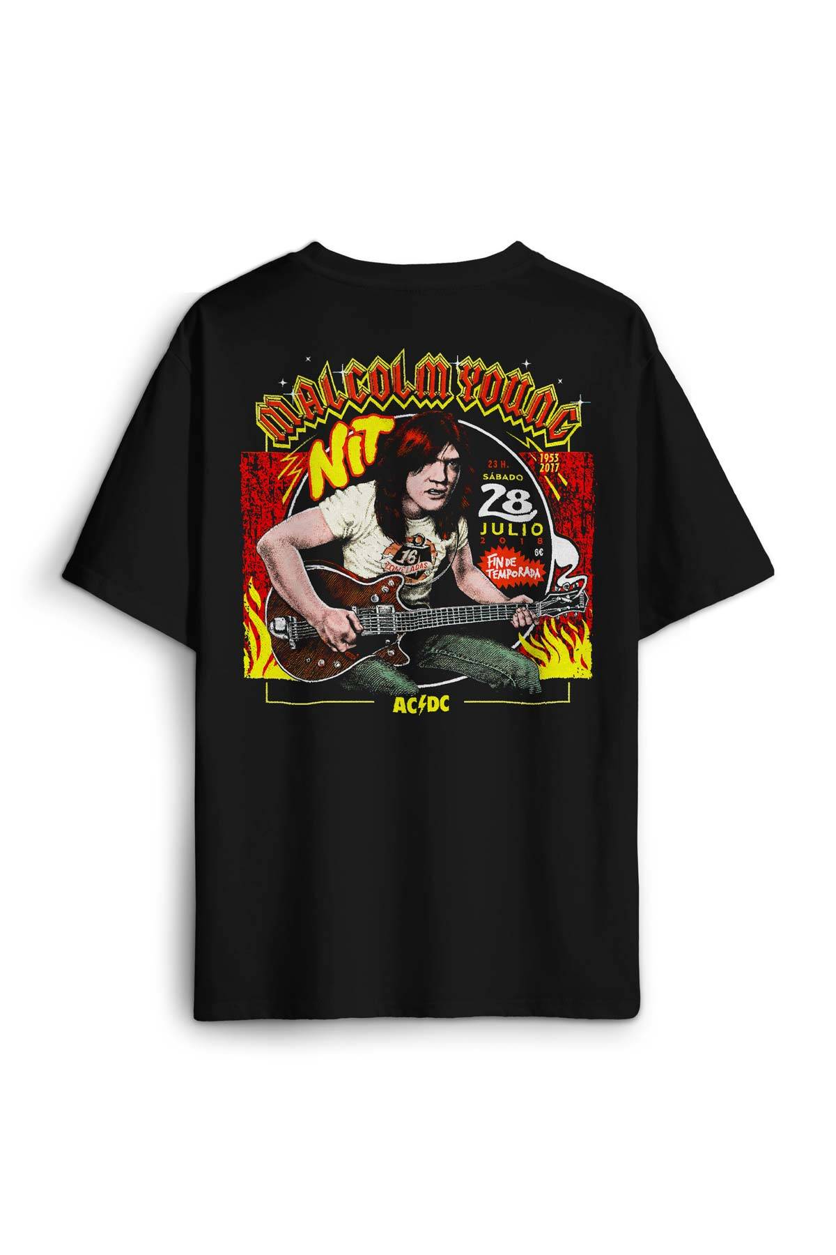 Guitar Malcolm Young Ac/Dc Gitar Hard Rock Music Baskılı Oversize T-shirt Siyah Unisex Tişört - 1