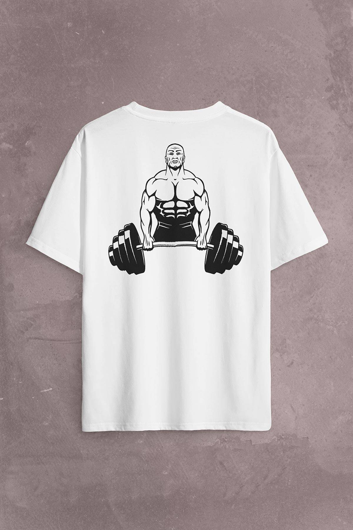 Gym Fitness Halter Sporcu Vücut Bodybulding Sırt Ön Baskılı Oversize Tişört Unisex T-Shirt (1)