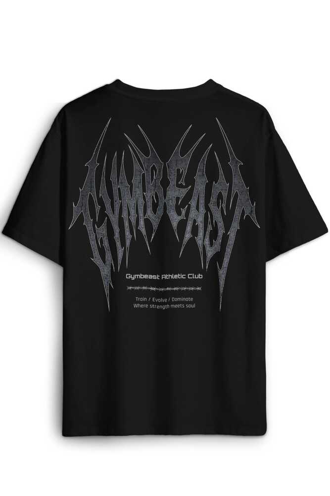 Gym Gothic Typo GymBeast Spor Fitness Beast Baskılı Oversize T-shirt Gotik Yazı Siyah Tişört - 1