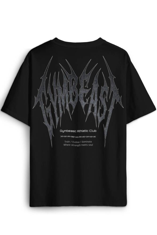 Gym Gothic Typo GymBeast Spor Fitness Beast Baskılı Oversize T-shirt Gotik Yazı Siyah Tişört - 1