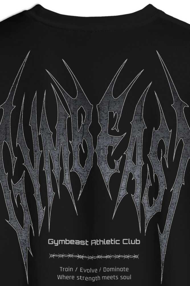 Gym Gothic Typo GymBeast Spor Fitness Beast Baskılı Oversize T-shirt Gotik Yazı Siyah Tişört - 4