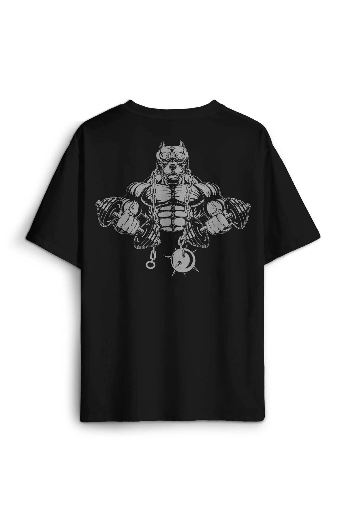Gym Pitbull Body Bulding Train Hard Baskılı Oversize T-shirt Siyah Unisex Tişört (1)