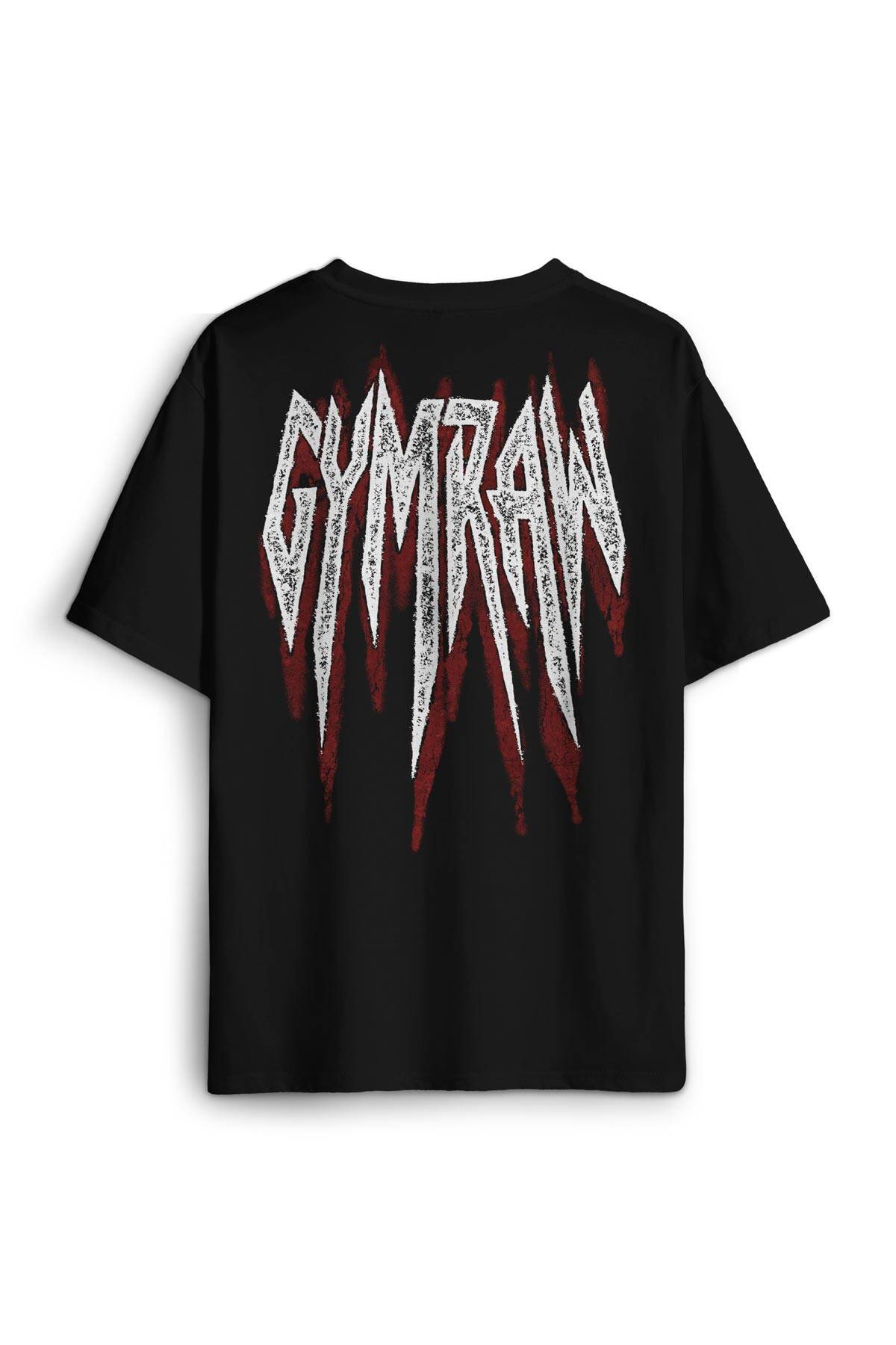 Gym Typo GymRaw Spor Fitness Gothic Beast Baskılı Oversize T-shirt Gotik Yazı Siyah Tişört - 1