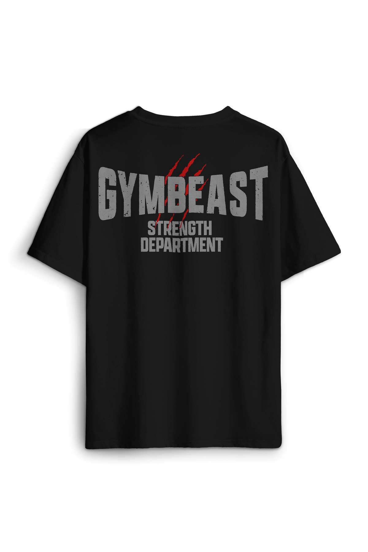 Gymbeast Strength Department Fitness Spor Gym Baskılı Oversize T-shirt Siyah Unisex Tişört - 1