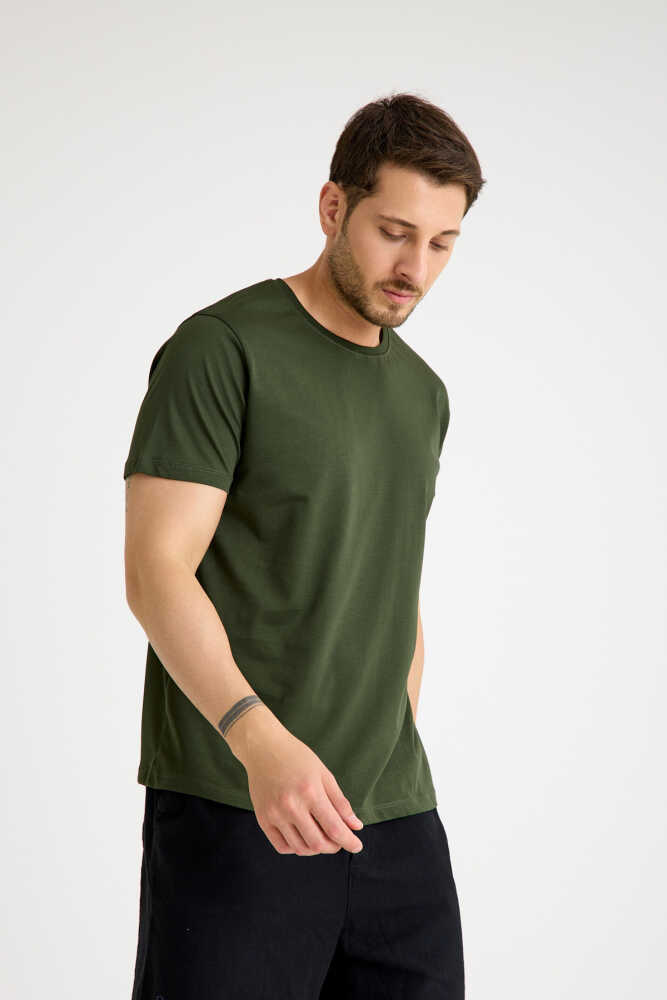 Haki Tişört Basic Erkek Regular Loose Fit Pamuklu T-shirt Kısa Kollu