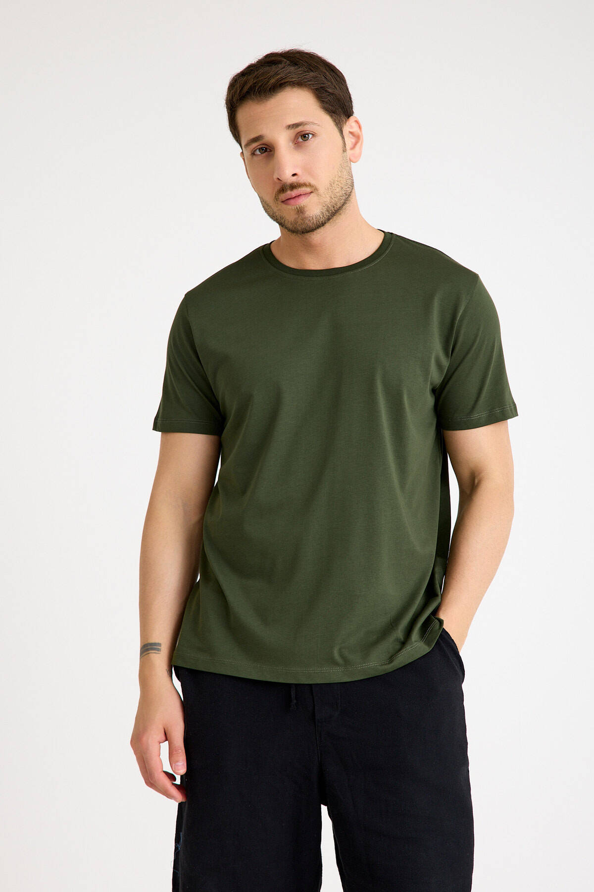 Haki Tişört Basic Erkek Regular Loose Fit Pamuklu T-shirt Kısa Kollu - 4