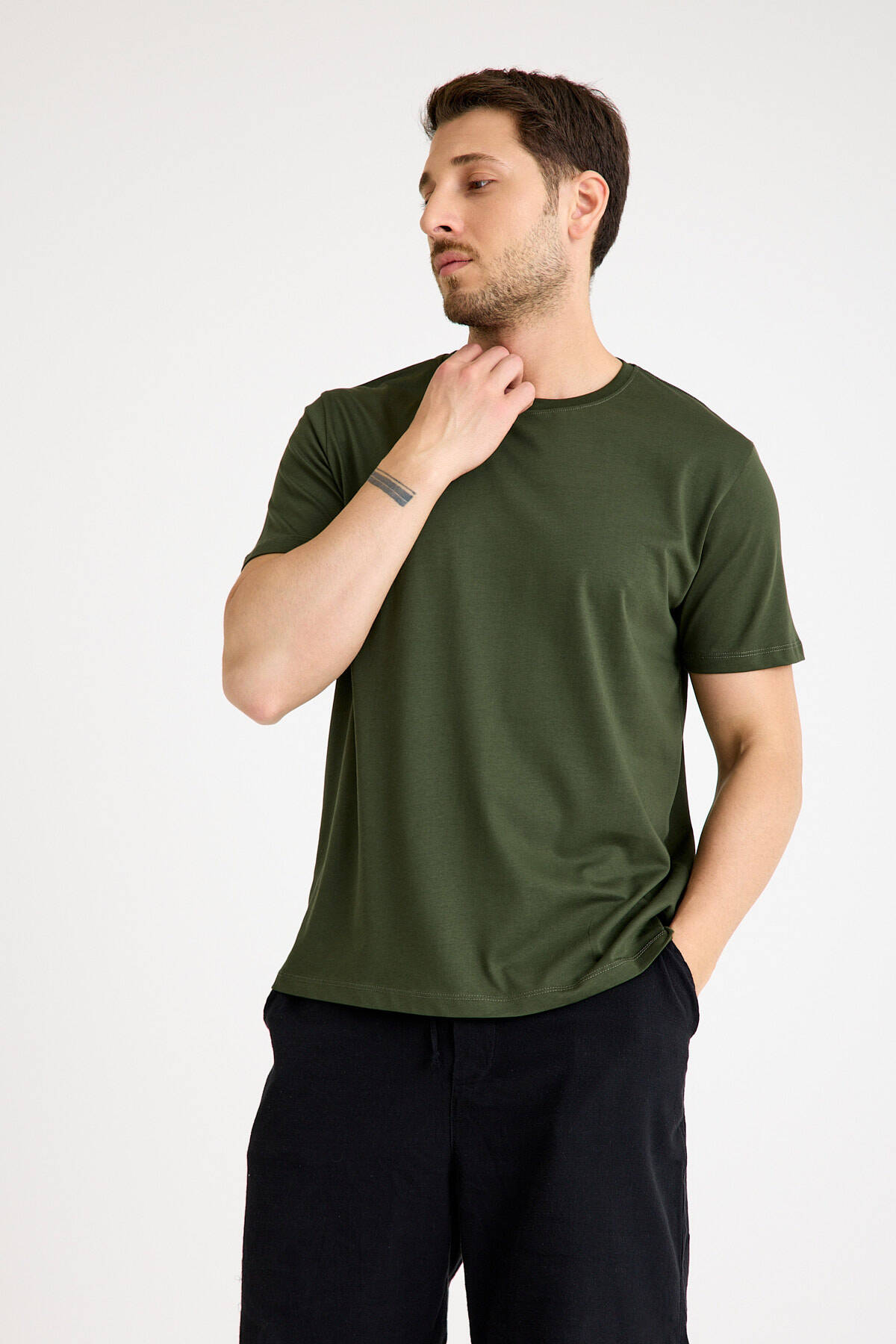 Haki Tişört Basic Erkek Regular Loose Fit Pamuklu T-shirt Kısa Kollu - 5