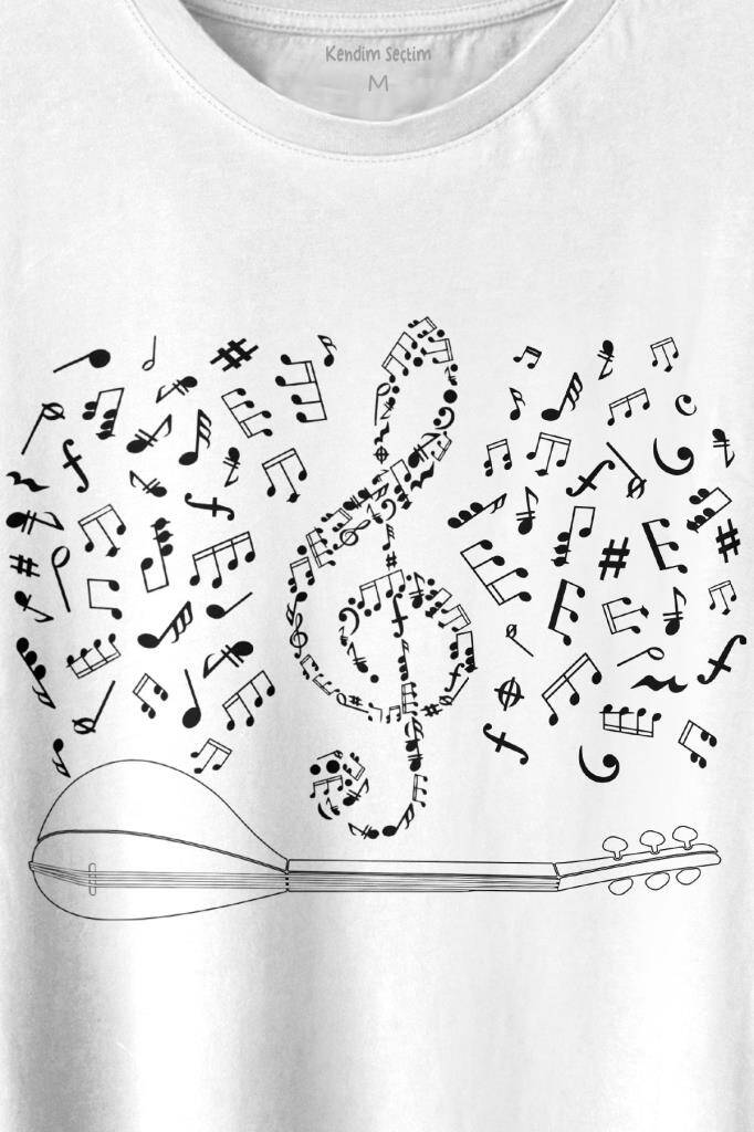 Halk Müziği Bağlama Sol Anahtarı Müzik Notası Enstrüman Baskılı Tişört Unisex T-shirt (1)