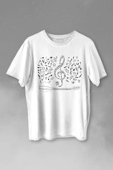 Halk Müziği Bağlama Sol Anahtarı Müzik Notası Enstrüman Baskılı Tişört Unisex T-shirt - 1