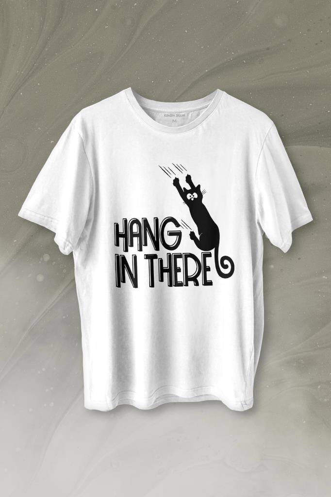 Han In There Tırmalayan Kedi Asla Pes Etme Baskılı Tişört Unisex T-shirt
