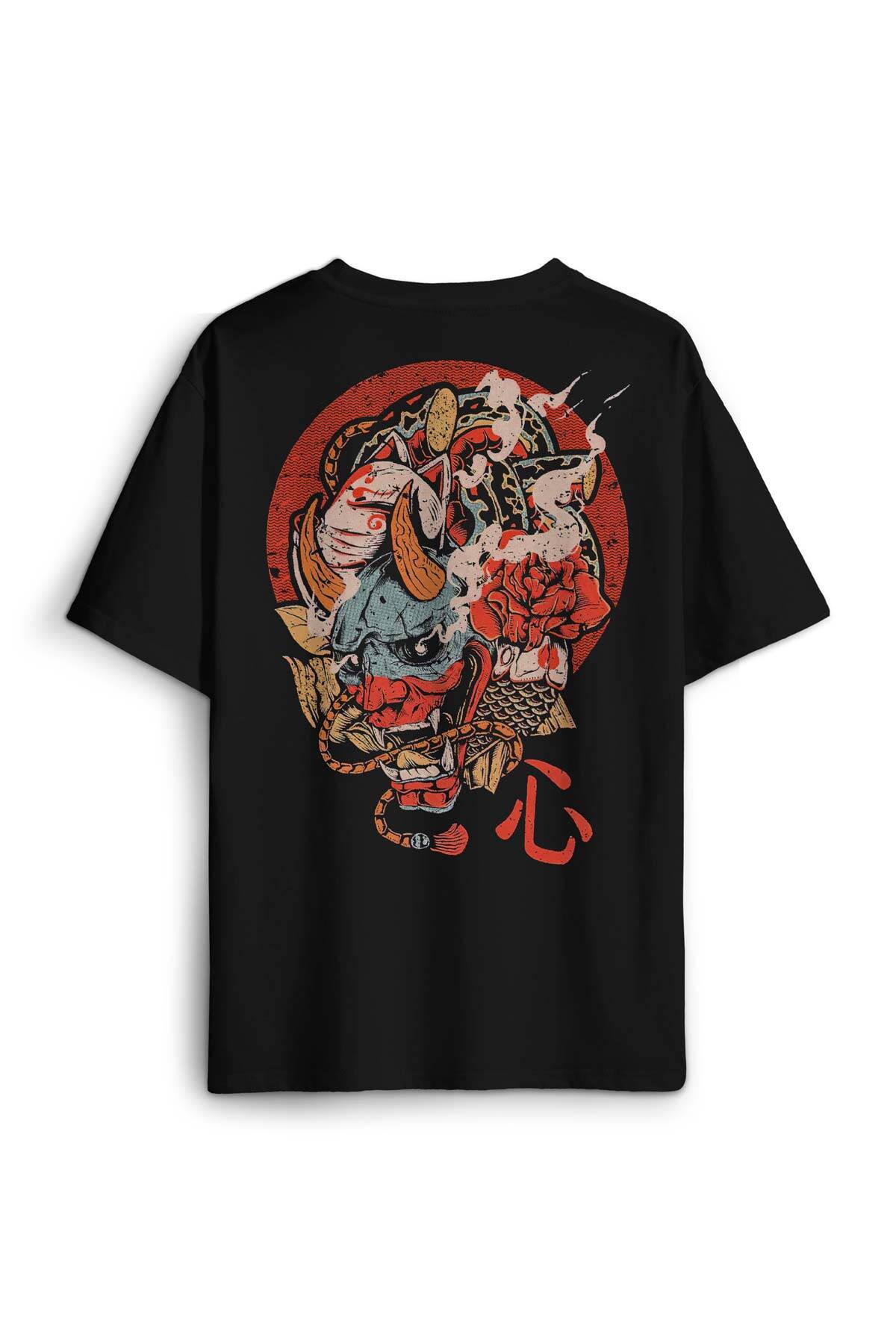 Hannya Mask Oni Japanese Demon Maske Japon Sırt Ön Baskılı Oversize Tişört Unisex T-Shirt - 2