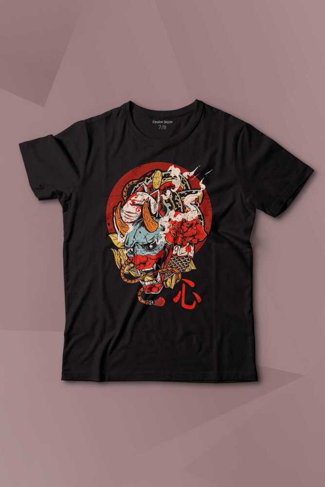 Hannya Maske Oni Japanese Demon Mask Japon Baskılı Çocuk Tişört Kısa Kollu - 1